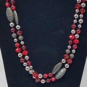 Long Red Glass and Detailed Metal Beaded Necklace